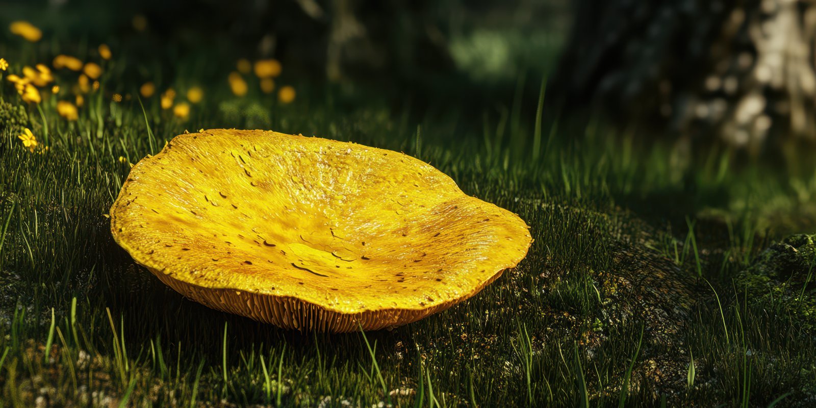 Bright yellow mushroom growing on forest floor surrounded by green grass and flowers in a serene natural setting